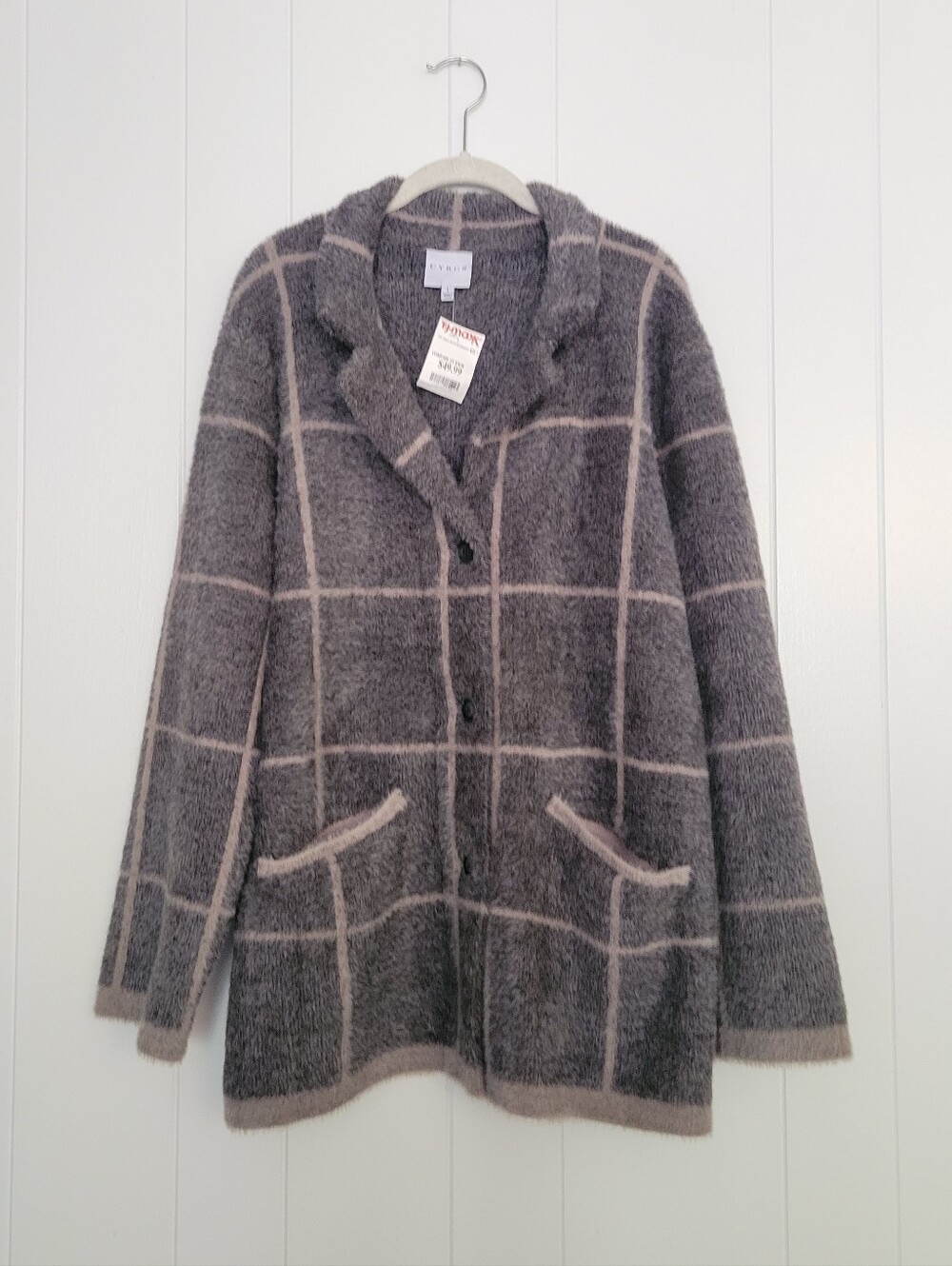 Cyrus Windowpane Fuzzy Cozy Shacket Sweater Coat Nylon Heavyweight Gray NWT LG